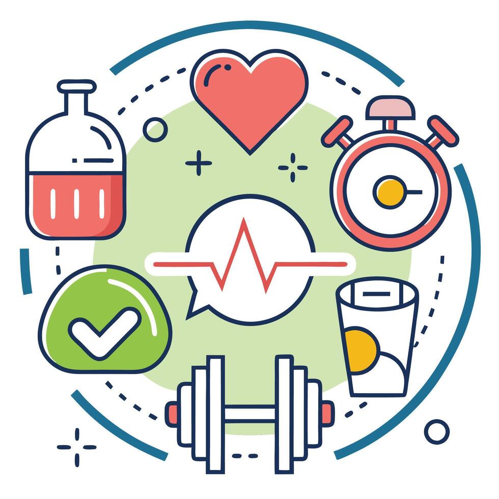 Healthy lifestyle concept with heart, dumbbell, timer, heartbeat, and check mark icons. vector