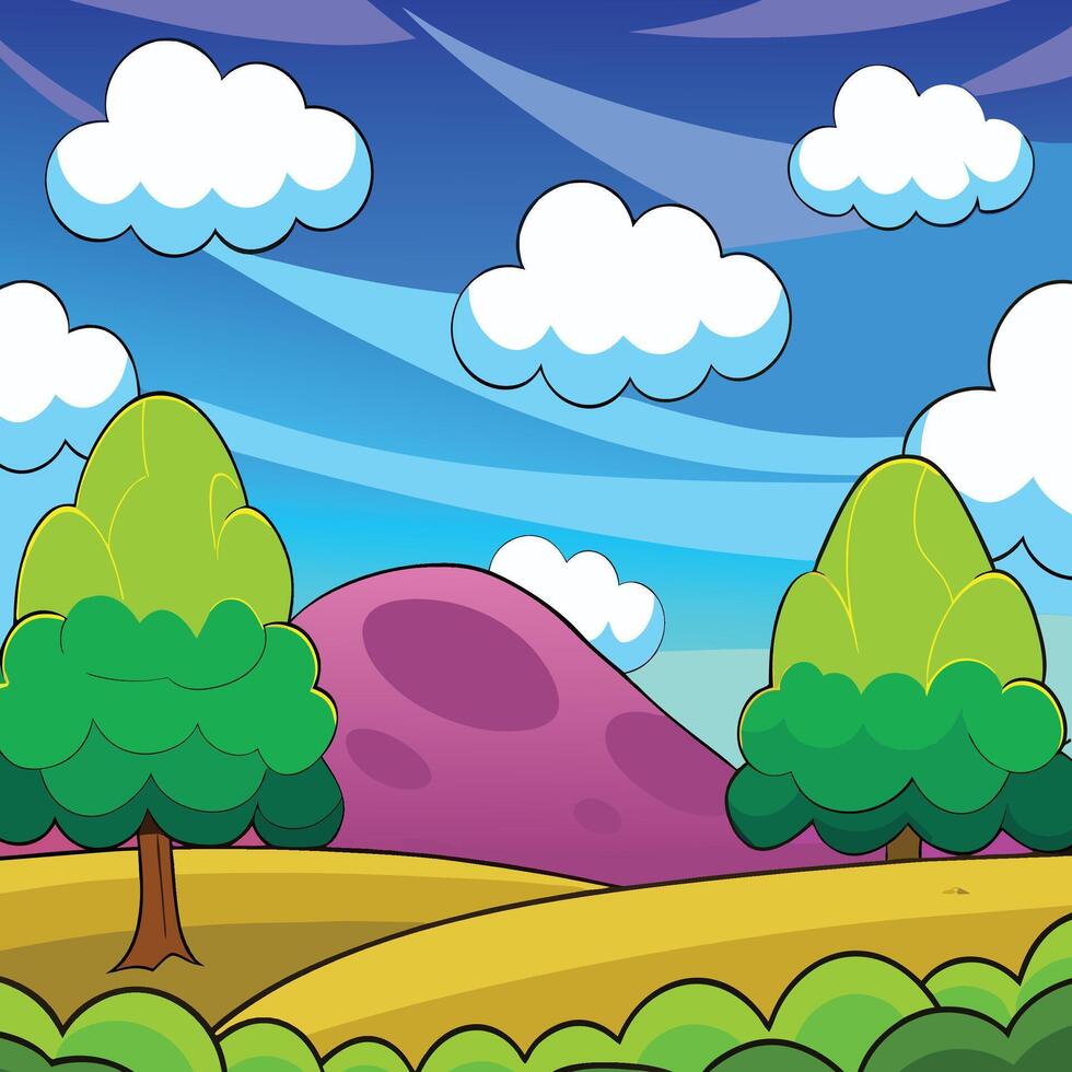 Cartoon landscape with trees, hills, and clouds vector
