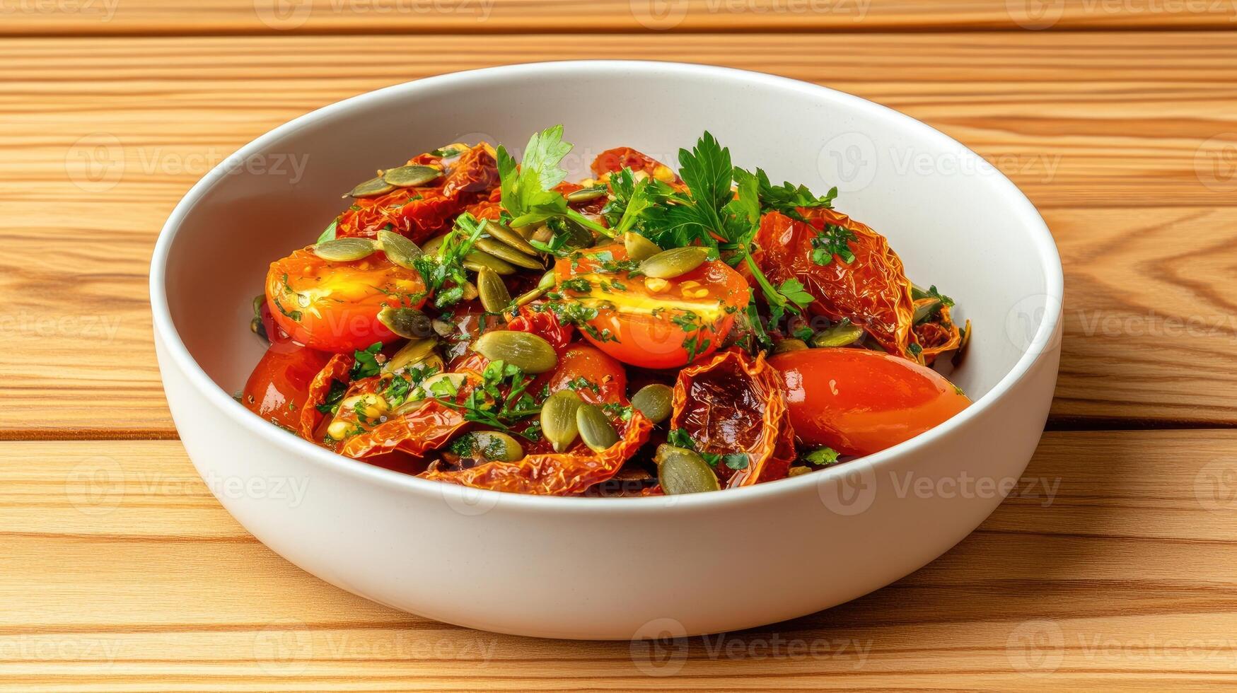 Delicious mixed salad with vibrant tomatoes and fresh herbs in a white bowl. photo