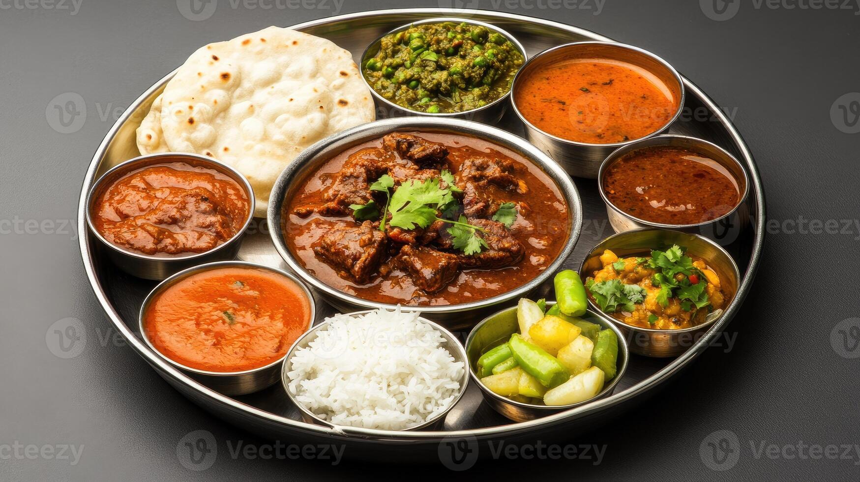 A delicious platter featuring various Indian dishes served with rice and bread. photo