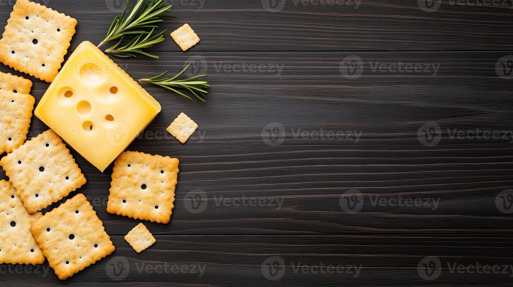 Delicious cheese cubes and crackers arranged with fresh herbs on a wooden surface. photo