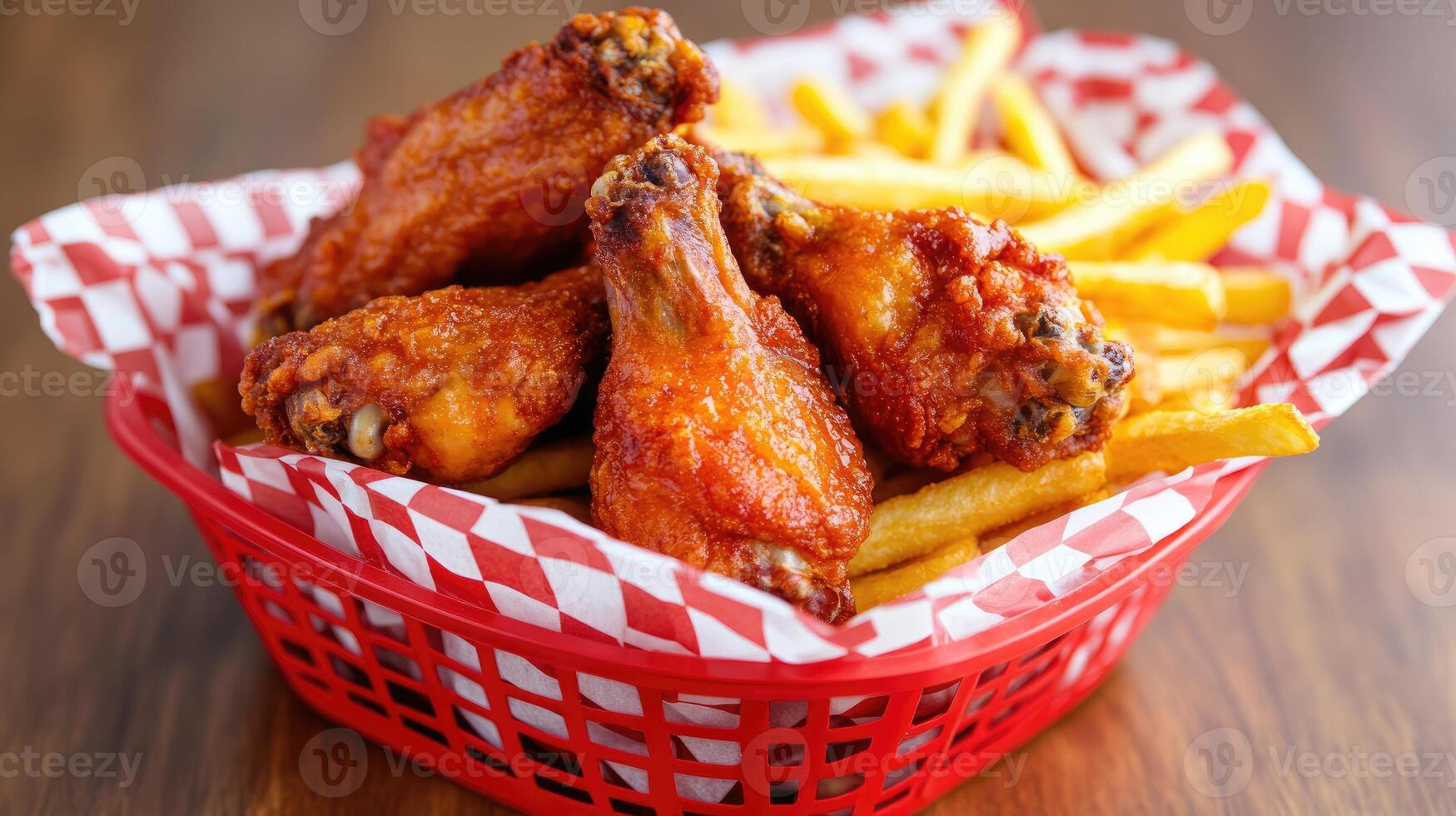 Deliciously crispy chicken wings served with golden fries in a vibrant basket. photo