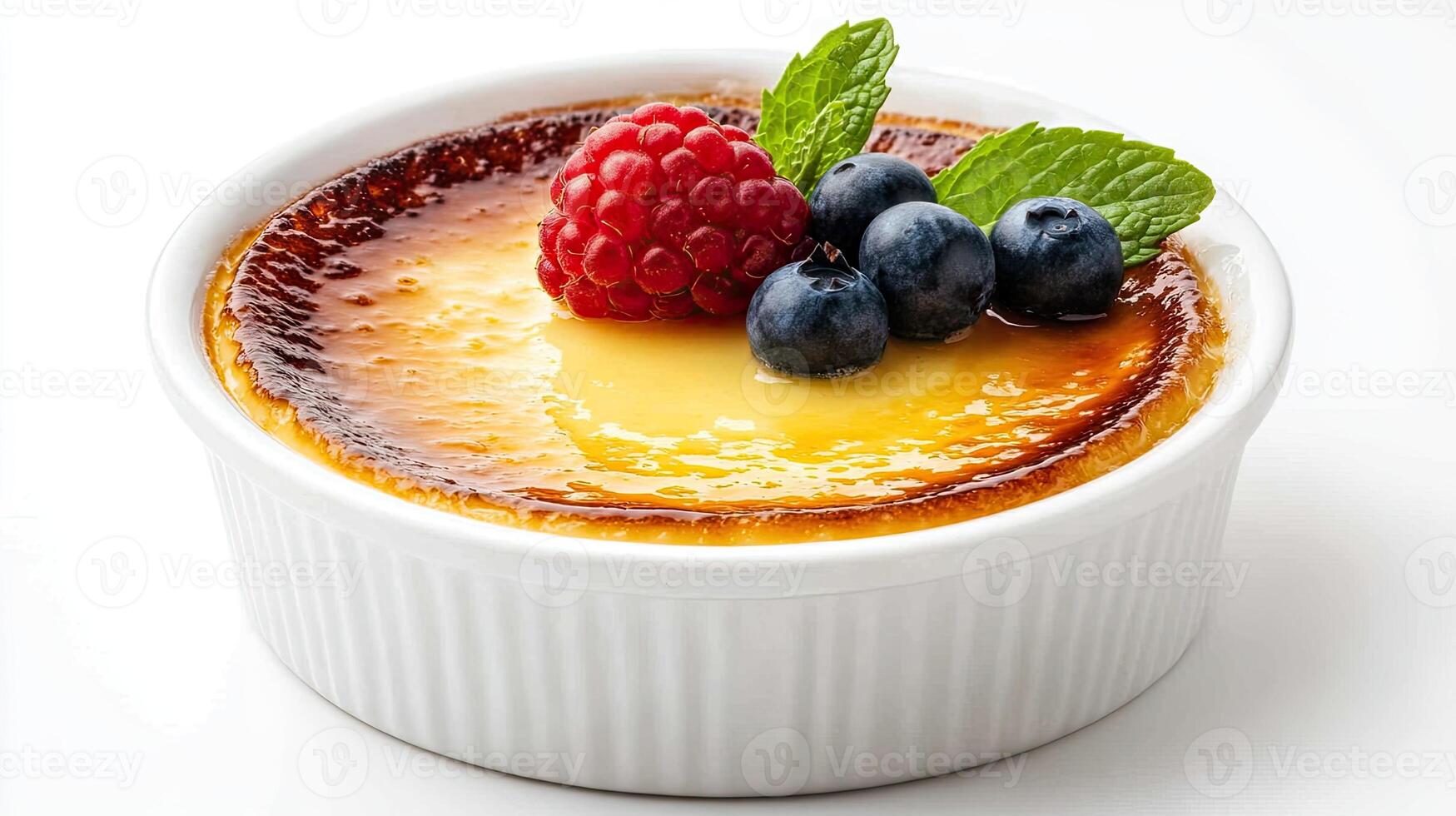 Delicious creme brulee topped with fresh berries and mint leaves. photo