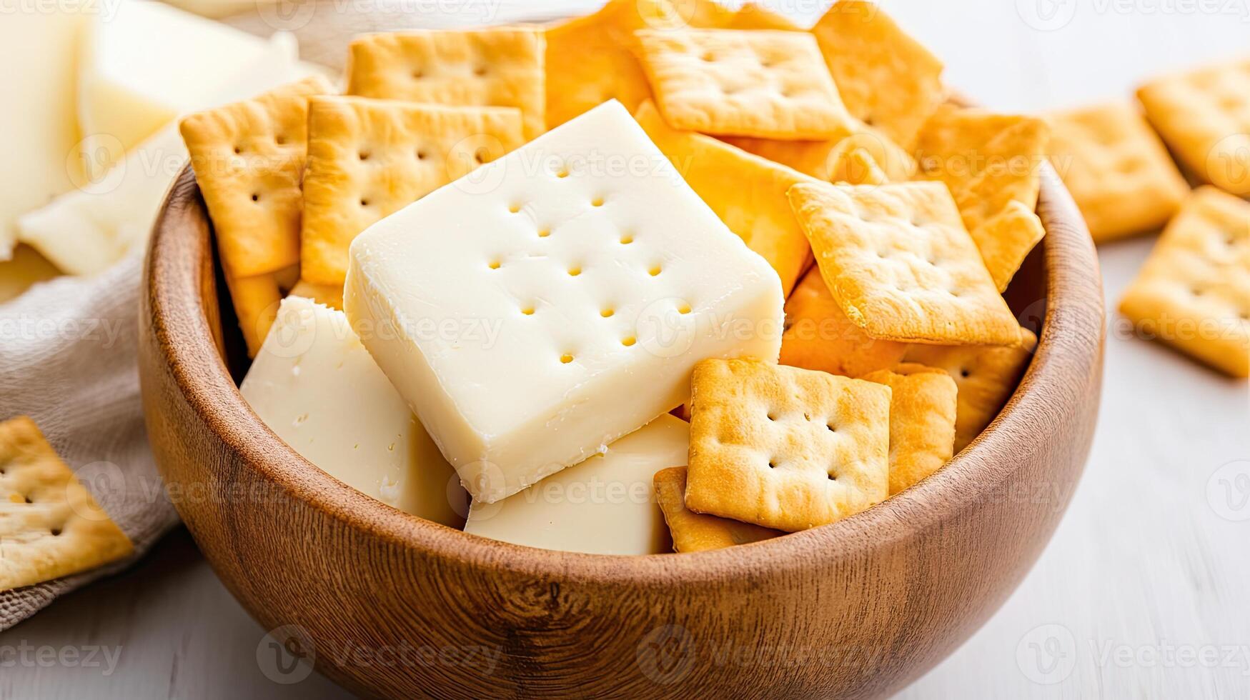 A bowl filled with an assortment of crackers and cheese cubes, perfect for snacking. photo