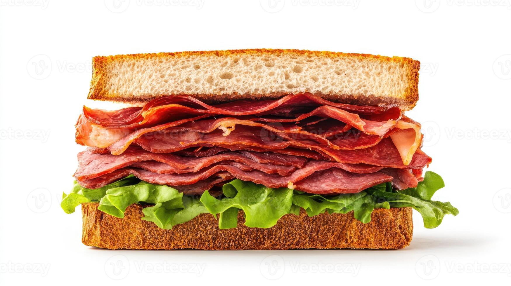 A delicious sandwich stacked high with layers of meat and fresh lettuce. photo
