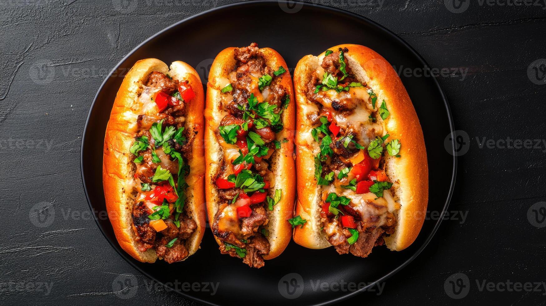 Delicious grilled meat sandwiches topped with fresh vegetables and herbs. photo