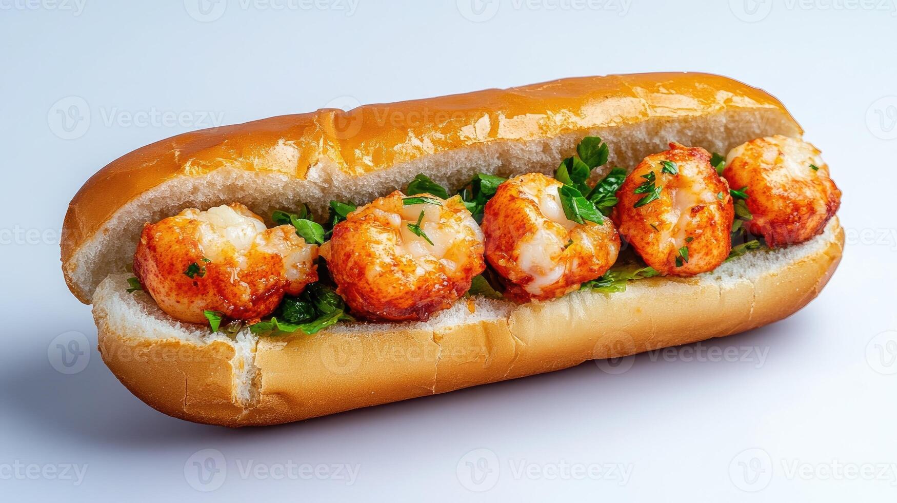 Delicious shrimp sandwich topped with fresh herbs and spices, served on a soft bun. photo