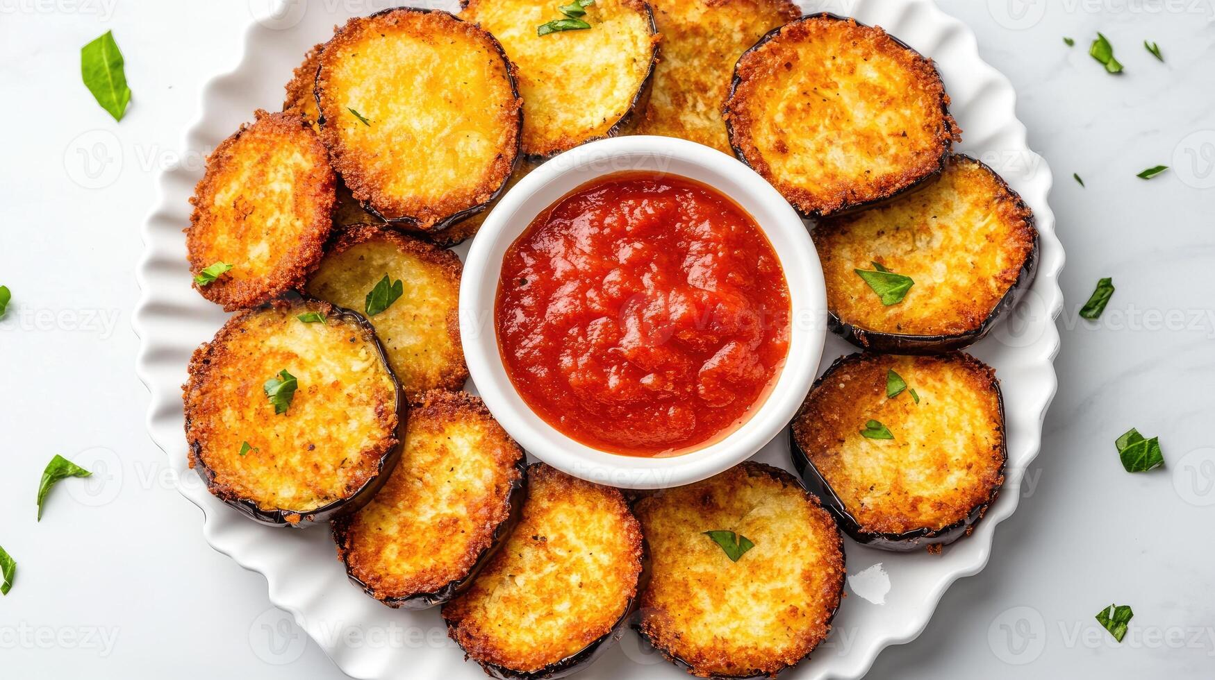 Crispy zucchini bites served with a side of marinara sauce on a white plate. photo