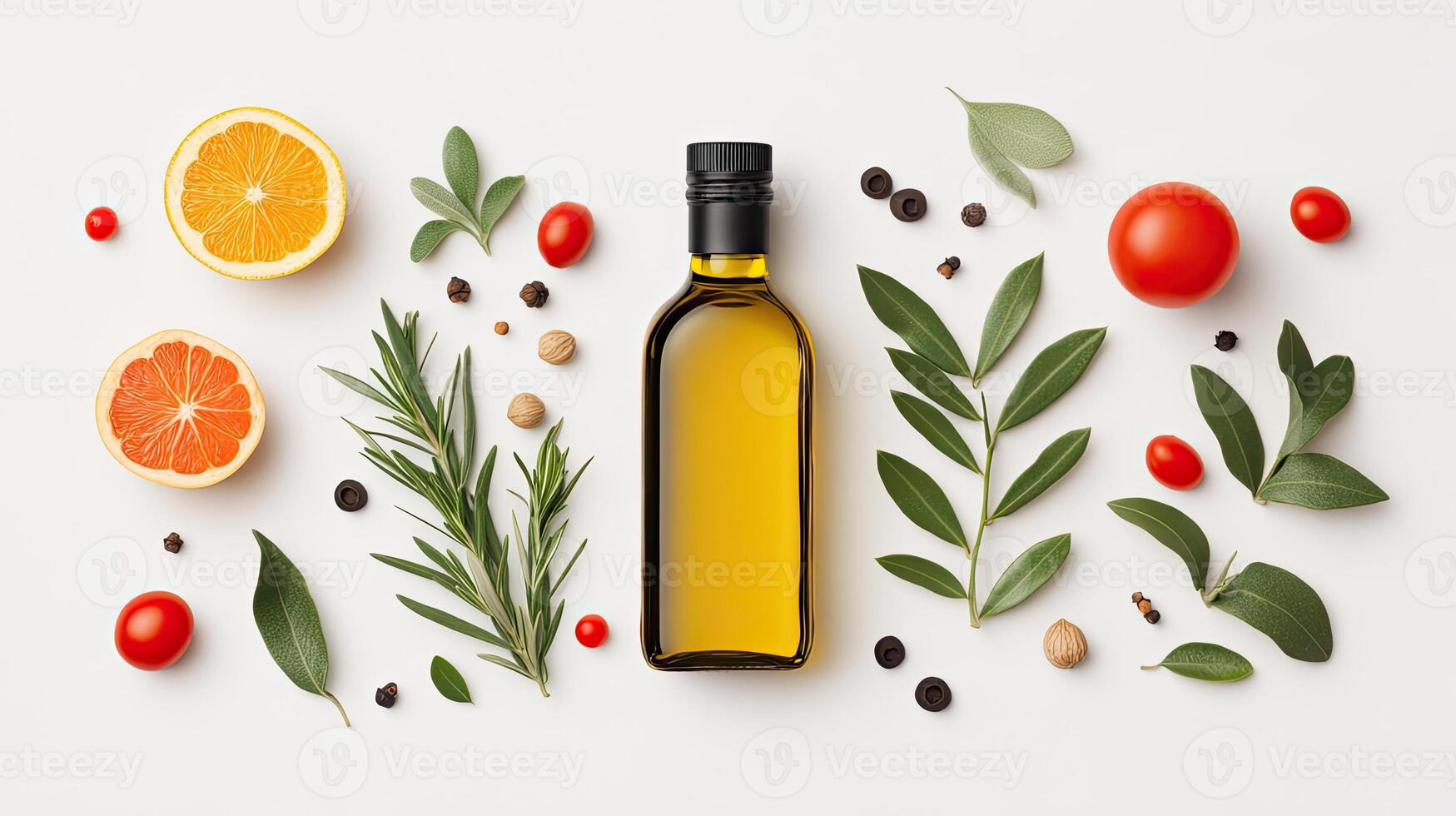 A vibrant arrangement of olive oil, fresh herbs, and colorful fruits on a light background. photo