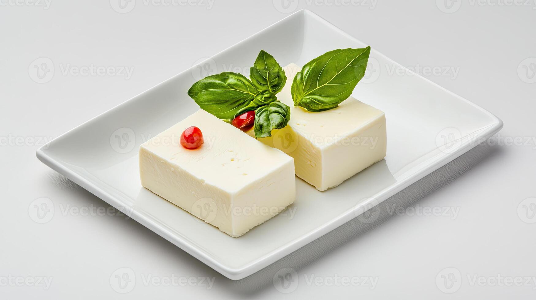 Delicious tofu with fresh basil and red chili on a white plate. photo