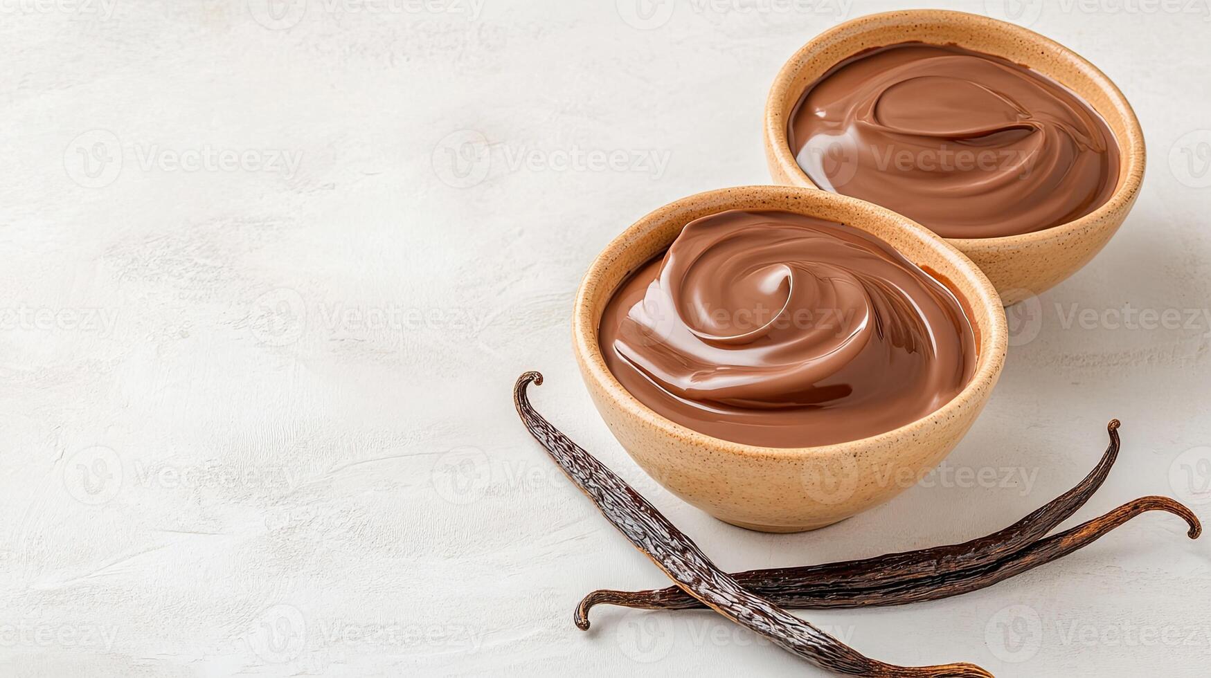 Smooth chocolate cream in bowls with vanilla pods on a light background. photo
