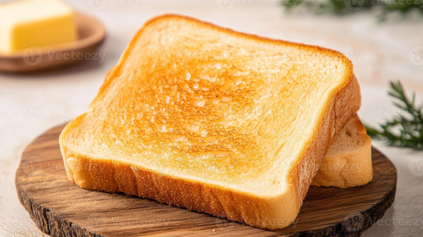 Freshly toasted bread served on a wooden board with butter on the side. photo