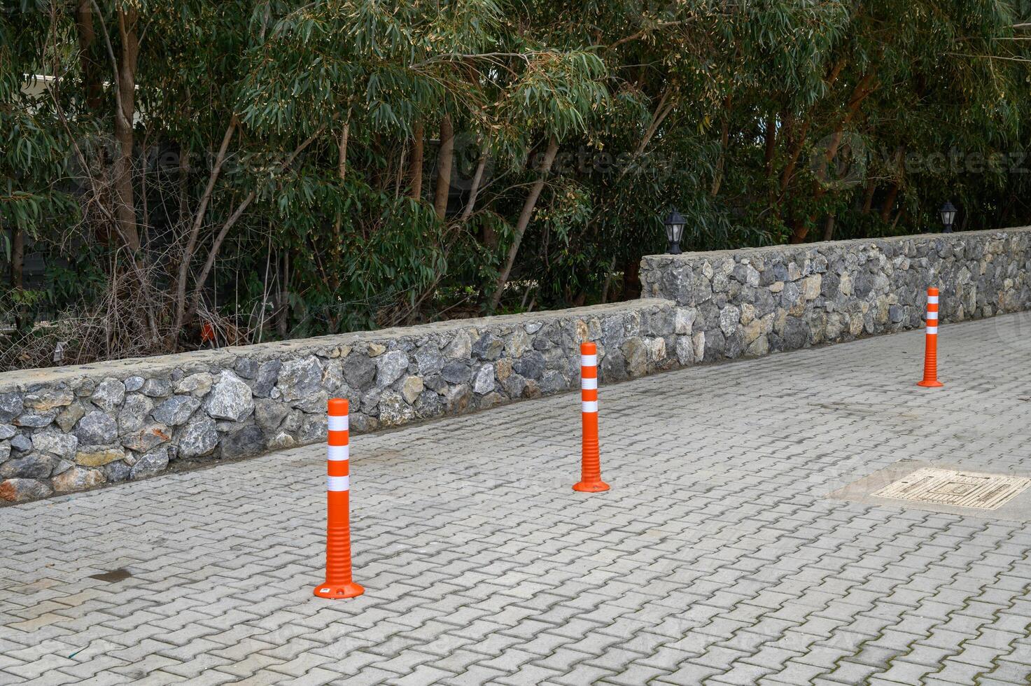 Bright orange cones mark off a parking area beside a stone wall and lined trees during a calm afternoon photo