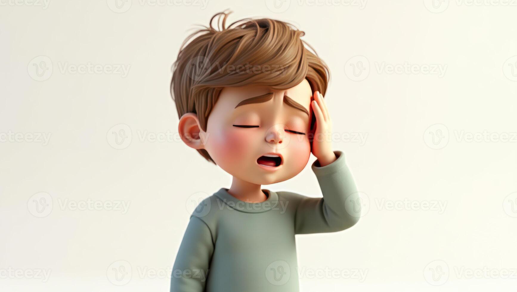 A 3D cartoon character in casual clothing expressing headache and fatigue with a pained expression. photo