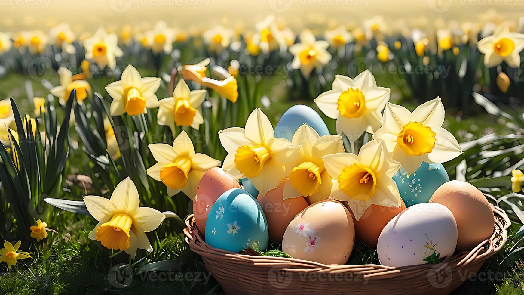 Easter Basket with Egg and Daffodils in a Sunny Field photo