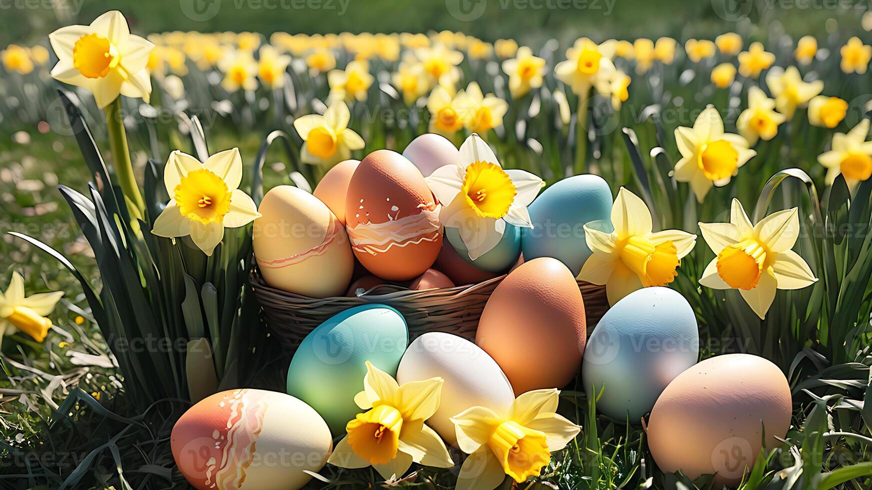Easter Basket with eggs and Daffodils in a Sunny Field photo