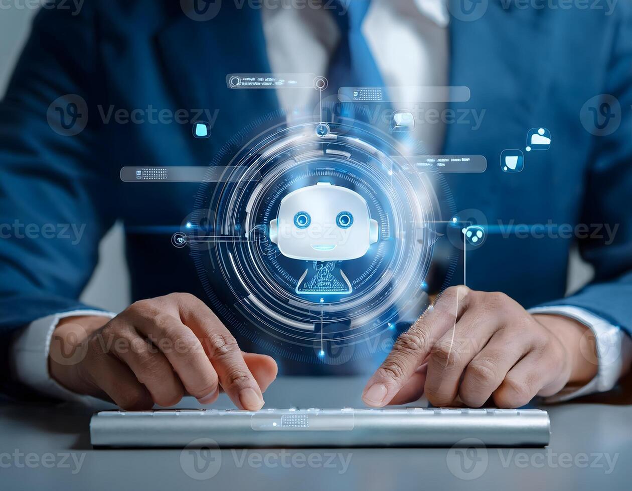 Businessman Chatting with AI Chatbot on a Computer Screen photo