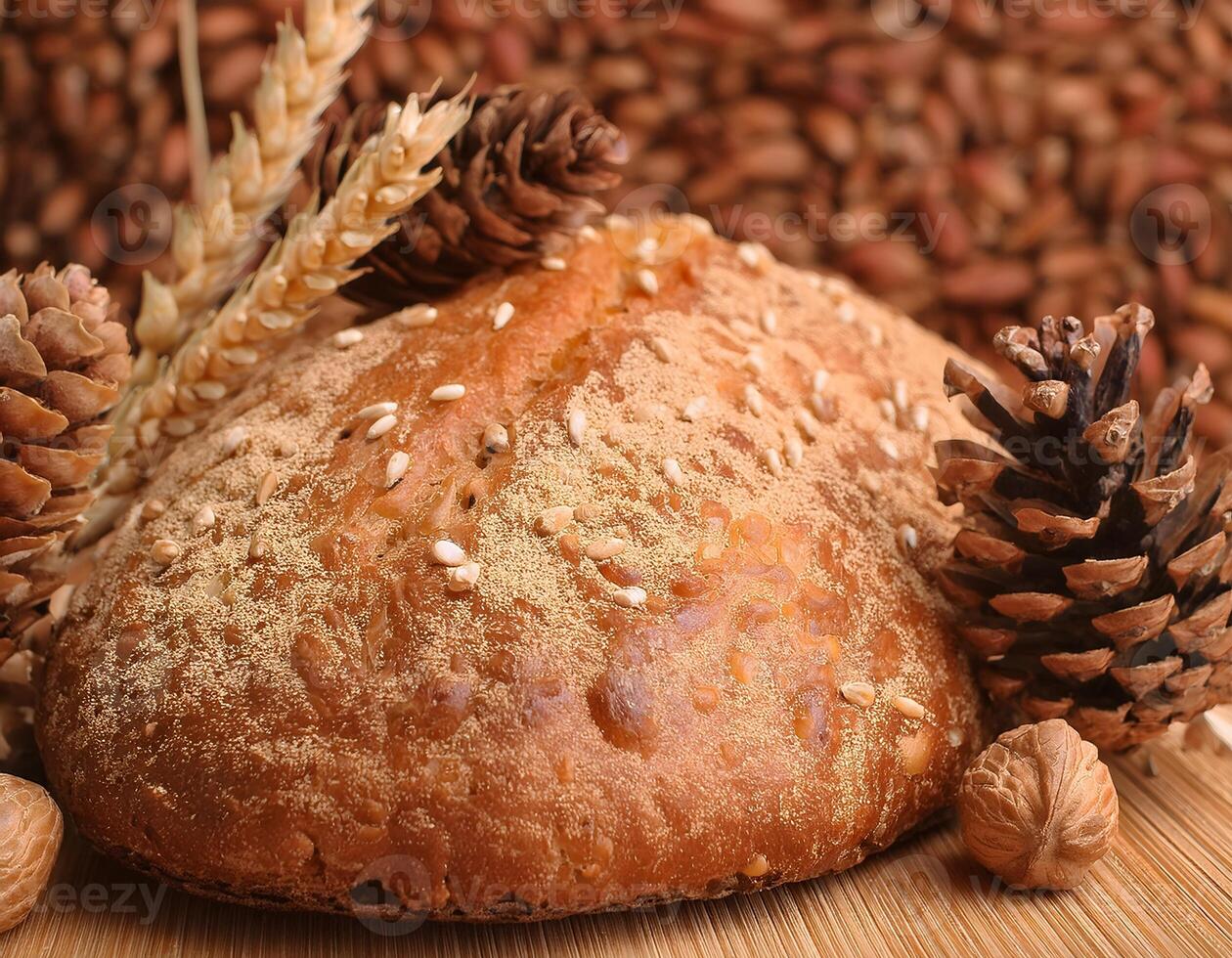 Freshly Baked Bread with Seeds and Spikes of Wheat on Rustic Background photo