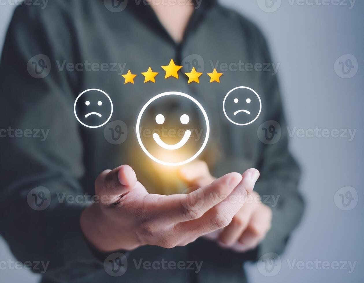 Online Review Concept. User Giving Star Ratings on Digital Screen photo