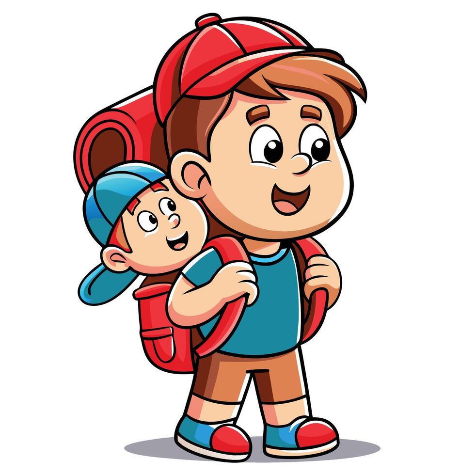 Child carrying a child on a backpack vector