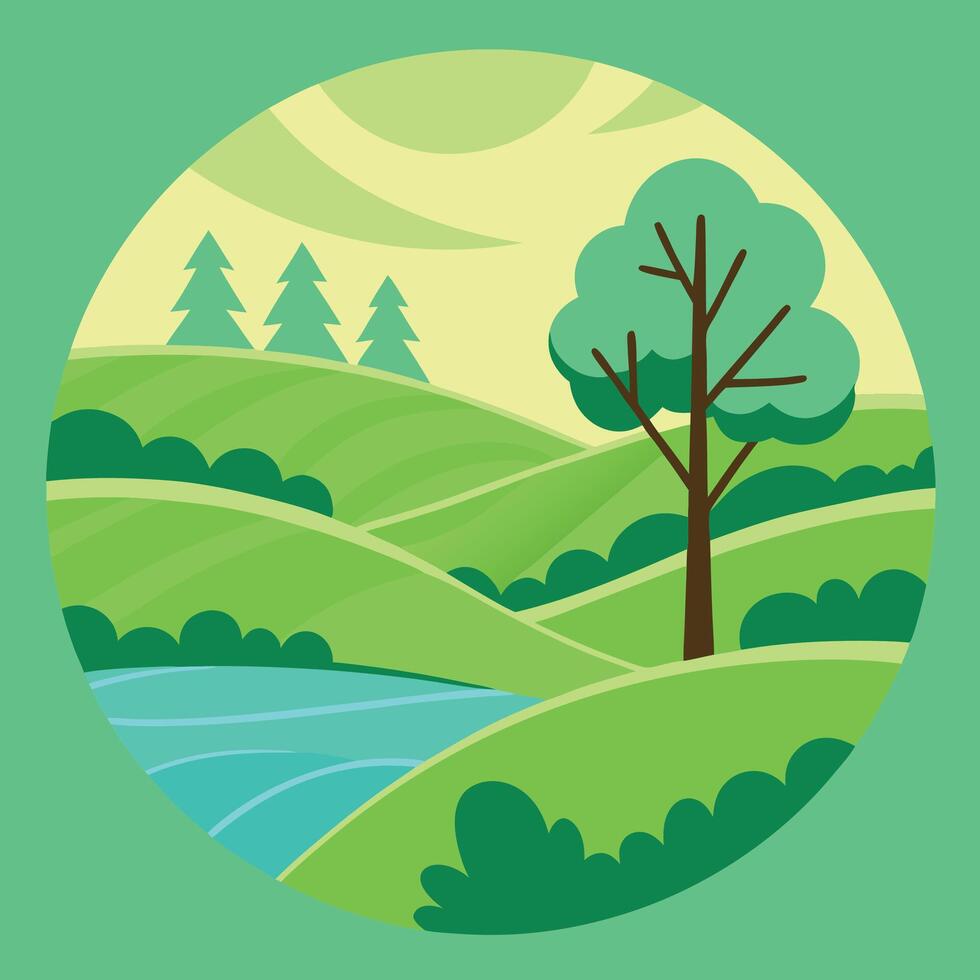 Idyllic landscape illustration with rolling green hills, a tree, and a river. vector