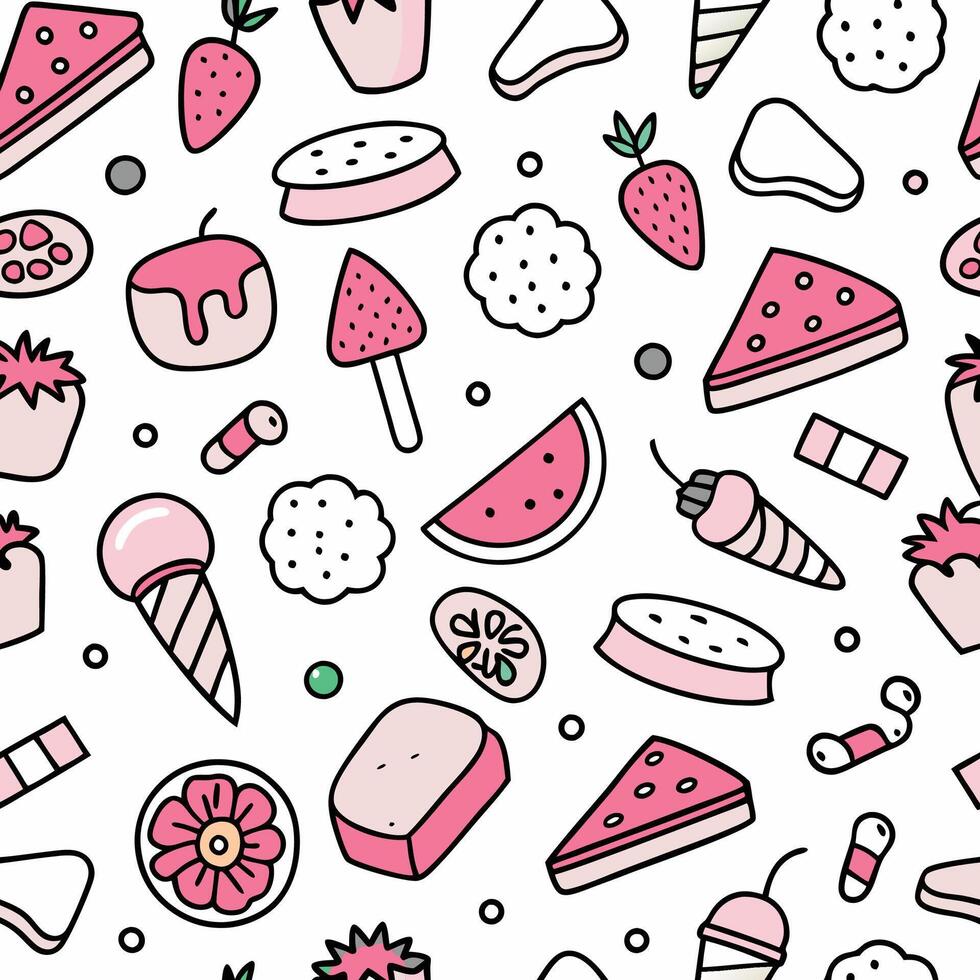 a seamless pattern with various sweets and desserts vector