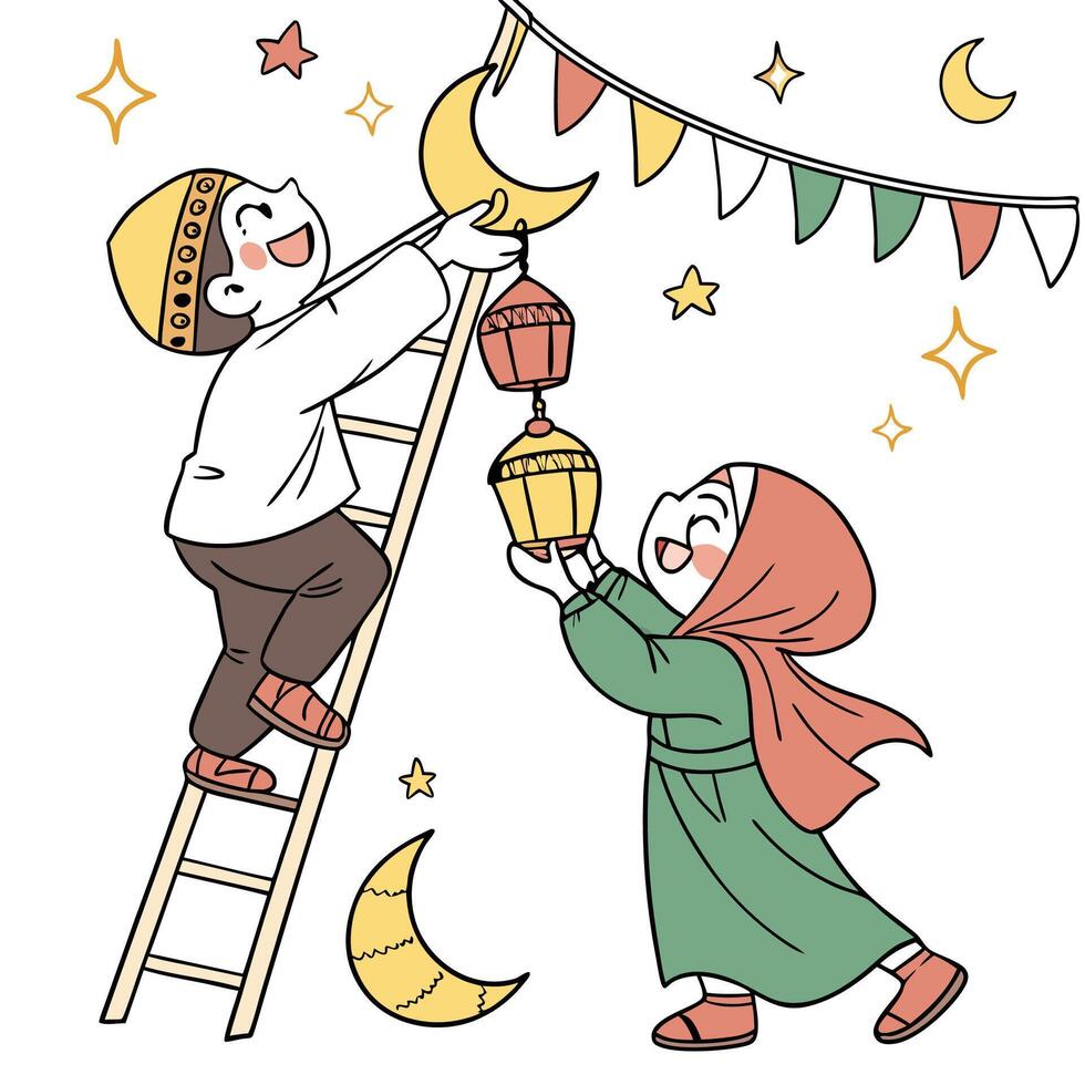 Children decorating with lanterns, moon, and flags for a celebration vector