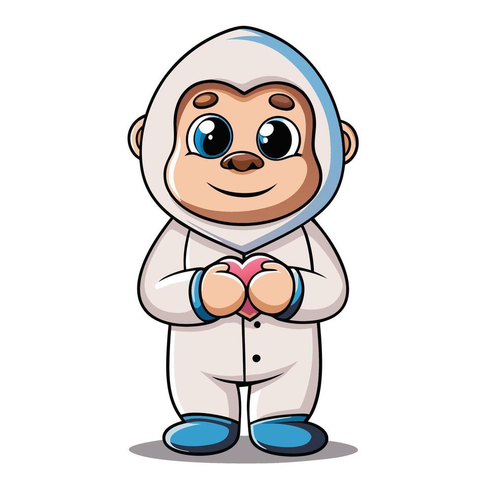 Cute monkey in a white suit holding a heart vector
