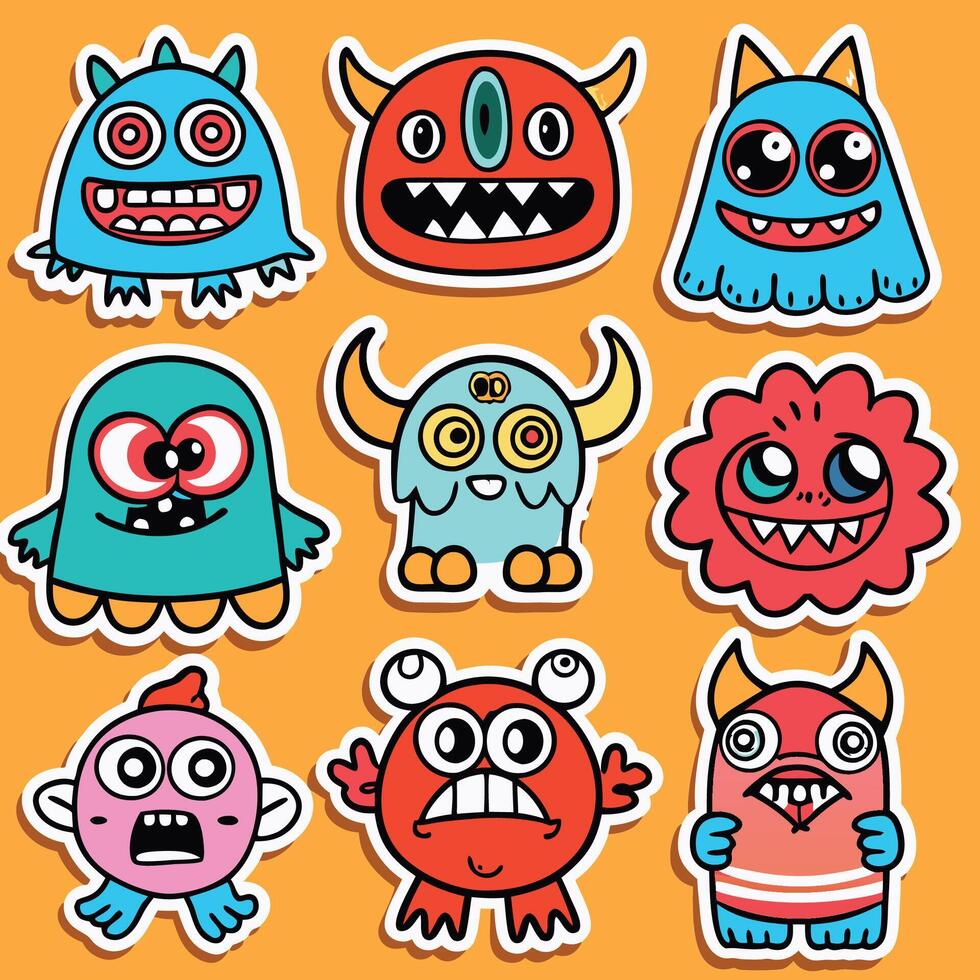 Nine cute cartoon monsters with various expressions and colors. vector