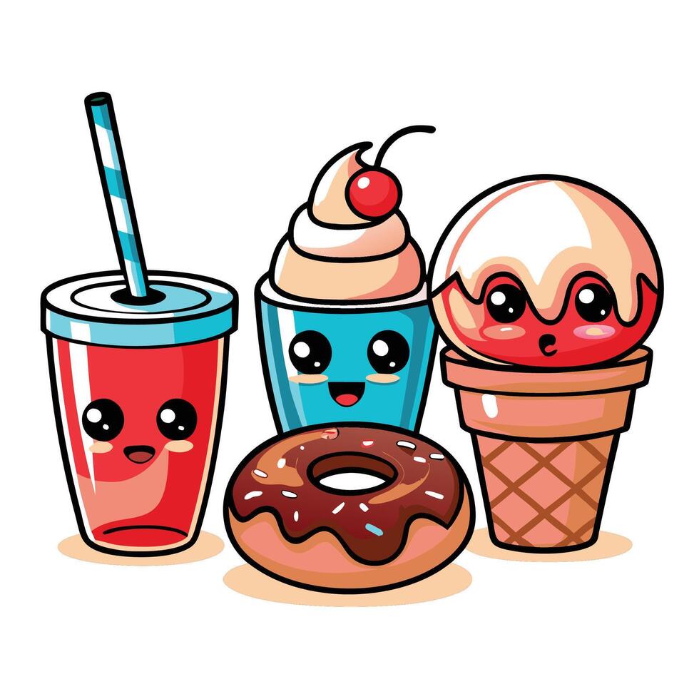 Cute cartoon soda, cupcake, ice cream, and donut vector