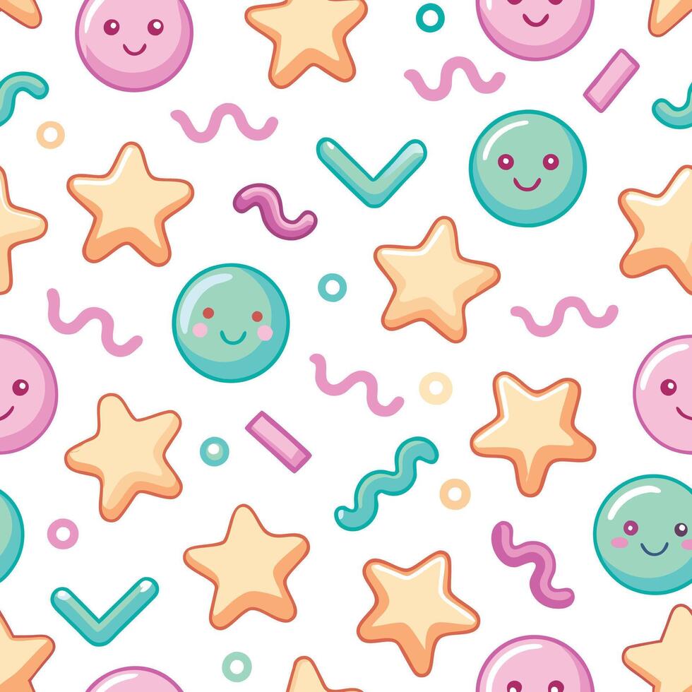 Cute, Colorful Pattern with Stars and Faces vector