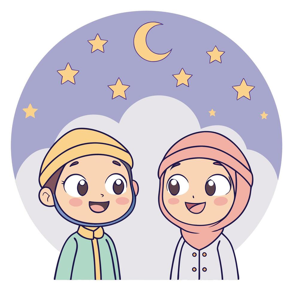 Happy Muslim kids looking at night sky with crescent moon and stars. vector