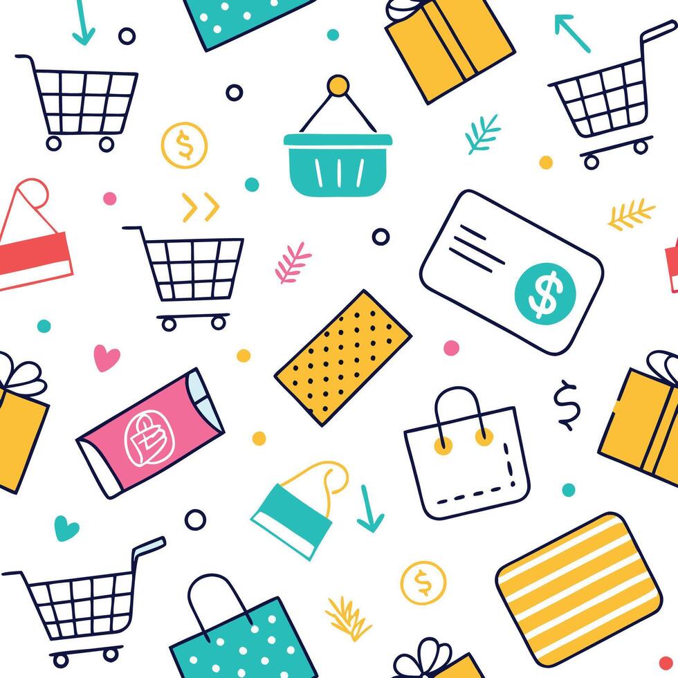 shopping seamless pattern with shopping cart and gift items vector