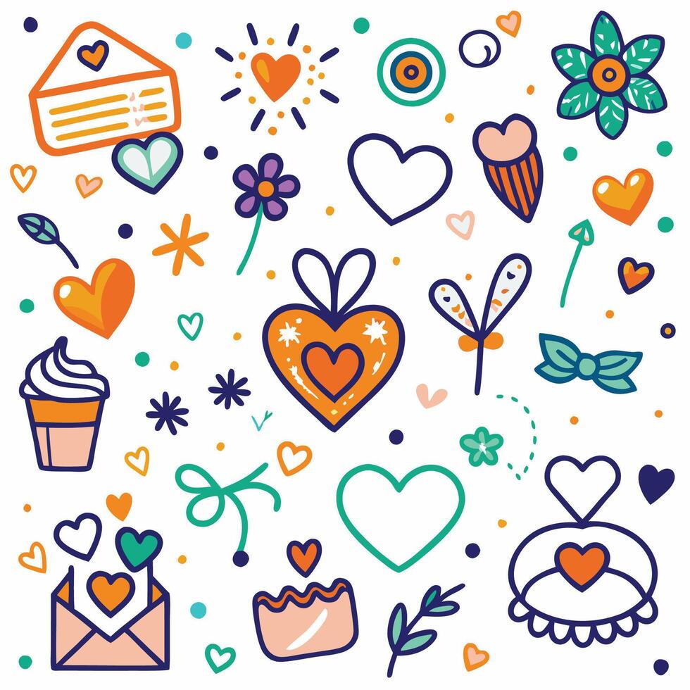Cute colorful doodle pattern with hearts, flowers, and desserts vector