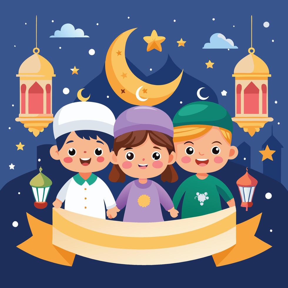 Happy children celebrating Islamic festival with lanterns, crescent moon and stars. vector