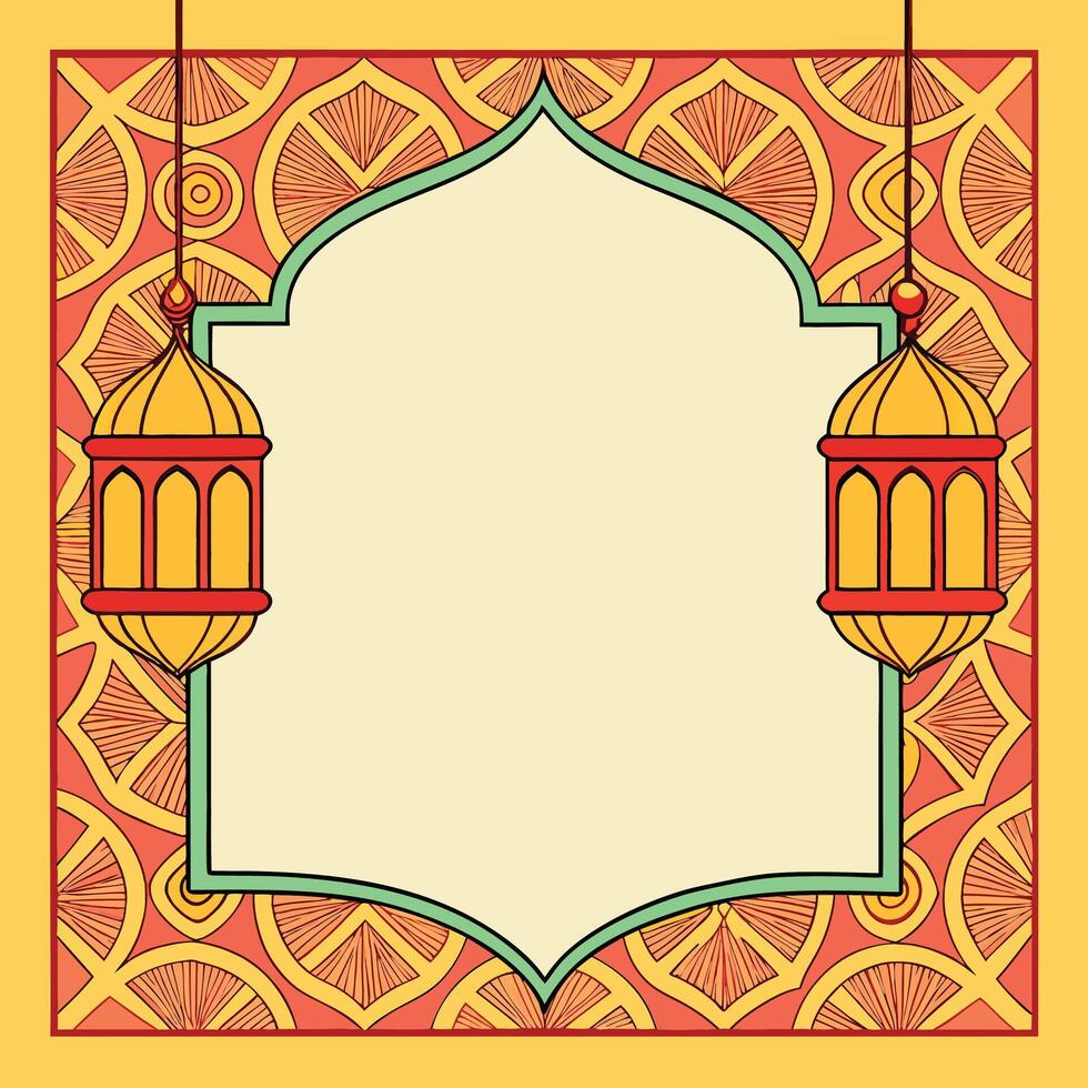Ornate frame with hanging lanterns and geometric pattern background. vector