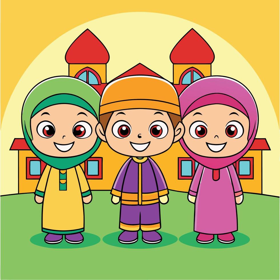 Three happy children in Islamic clothing stand in front of a mosque. vector