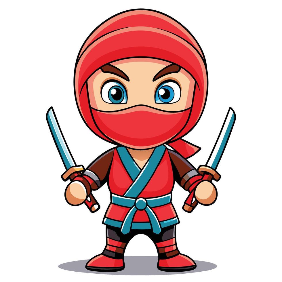 cartoon ninja with two swords and red mask vector