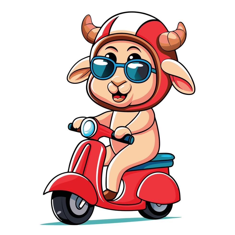 Cute sheep character riding a red scooter with a helmet and sunglasses vector
