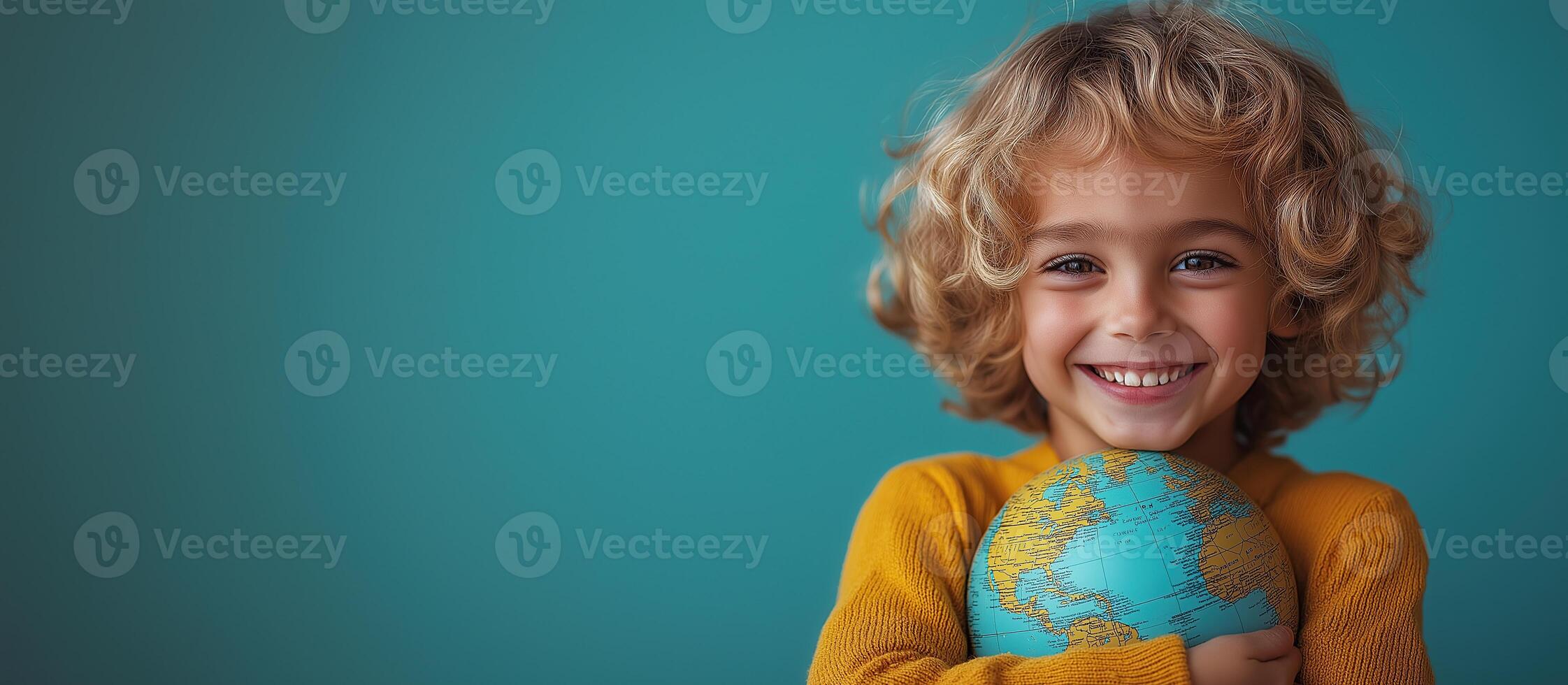 Smiling Boy Hugging a Globe. A Vision of Global Unity on a Blue Background photo