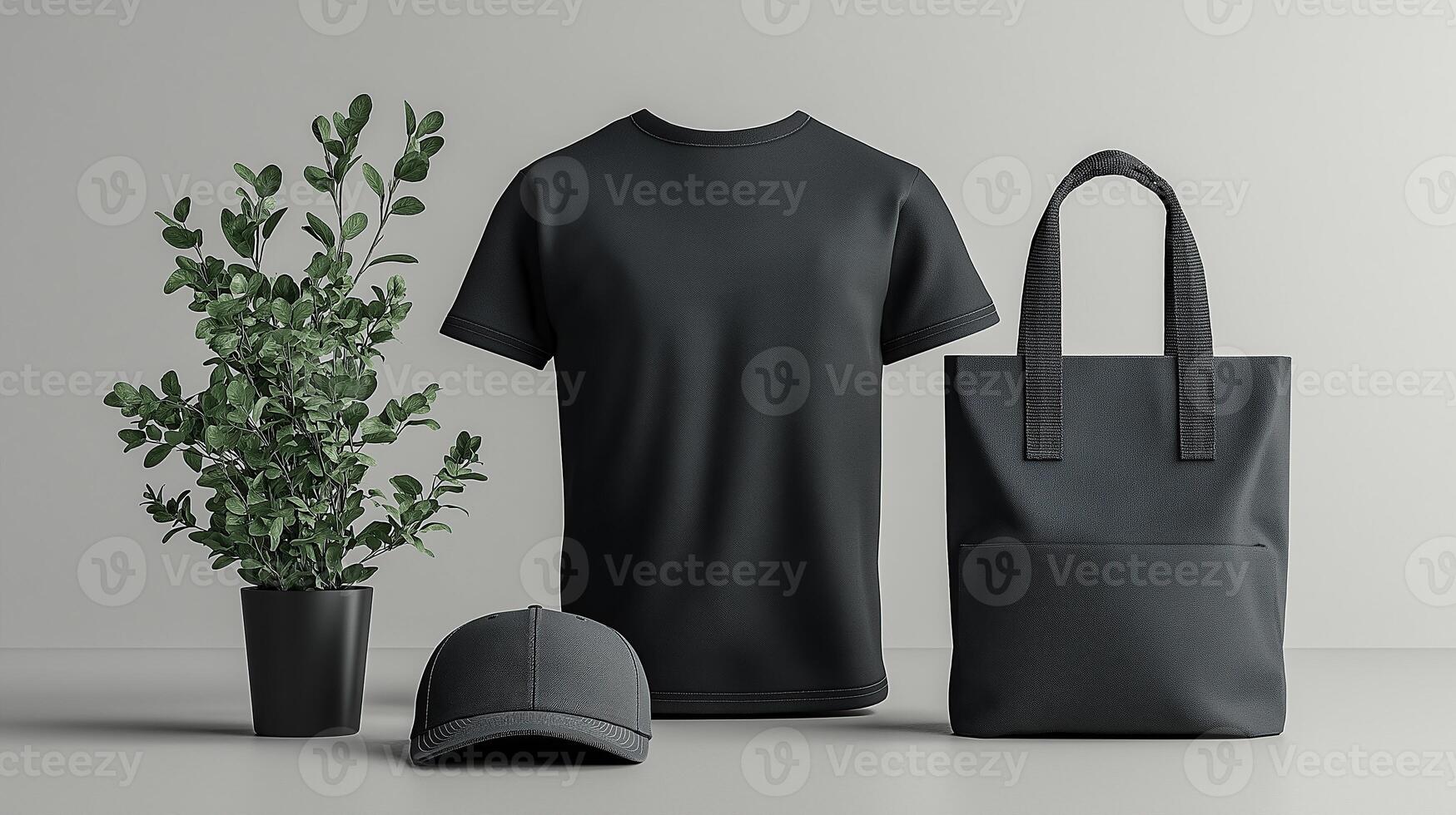 Minimalist Black Fashion Set For Branding Identity , T-Shirt, Cap, and Tote Bag for Custom Branding photo