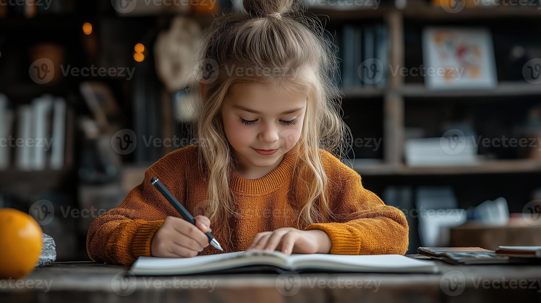 Happy Student Writing in Notebook at Home Desk photo