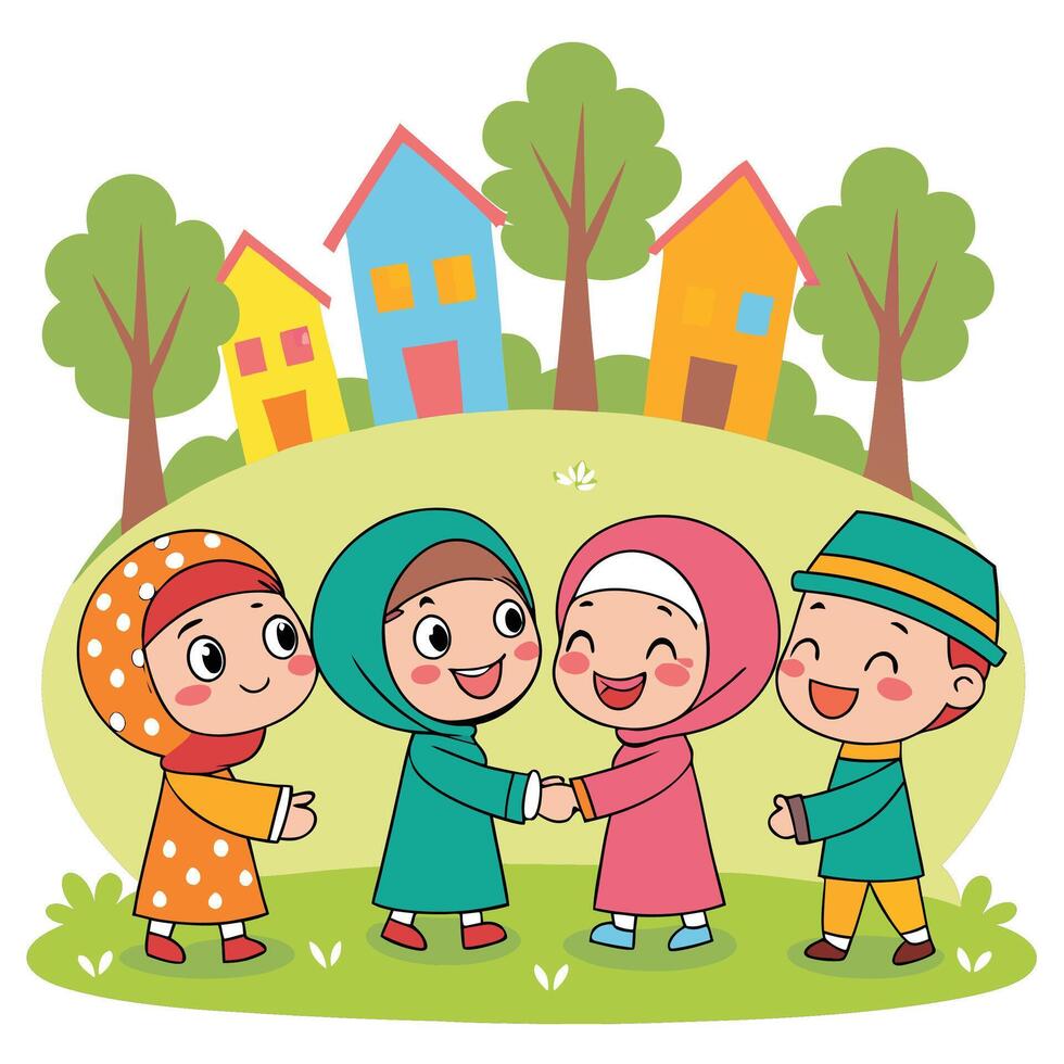 Children greeting in a colorful neighborhood vector