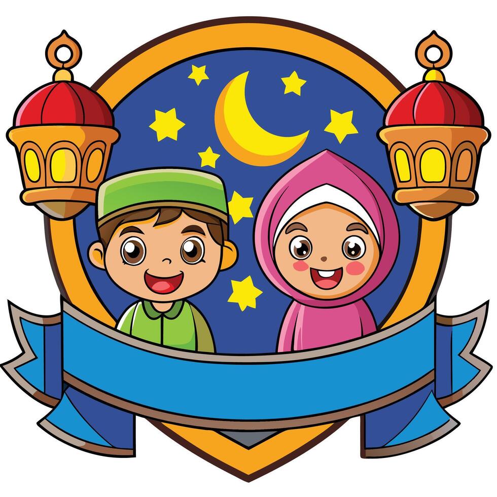 Happy Muslim kids with lanterns and crescent moon. vector