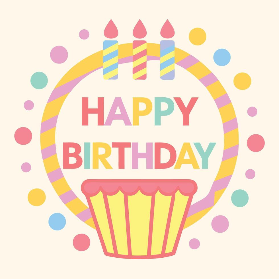 Happy Birthday cupcake card with candles and confetti. vector