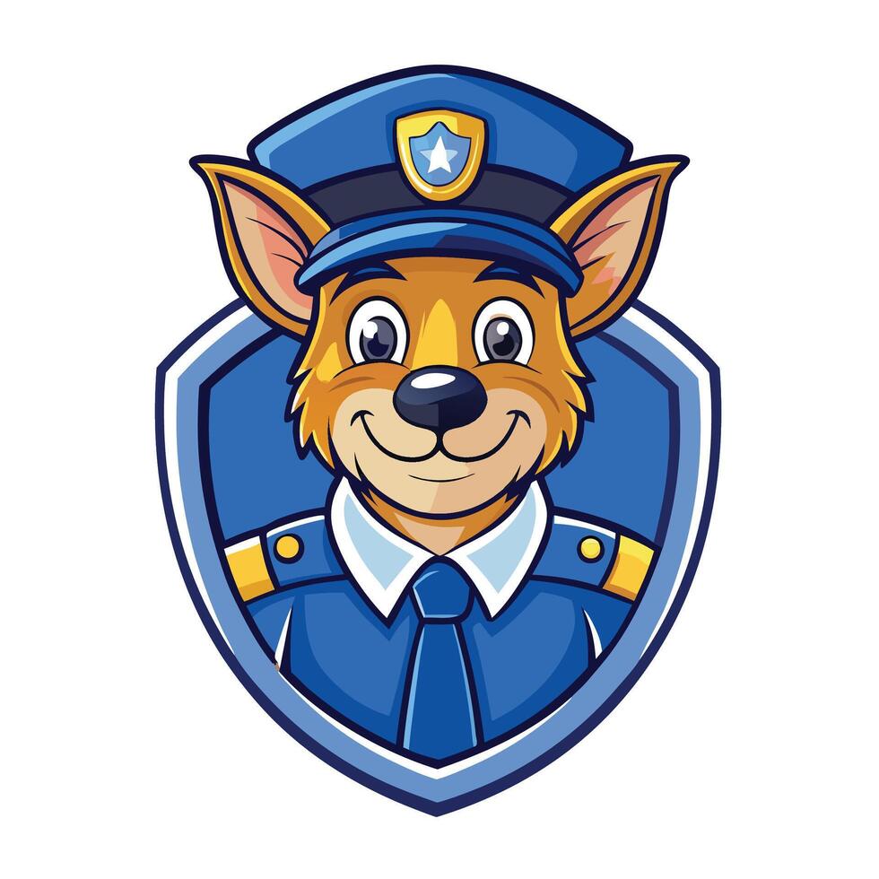 Happy cartoon fox police officer in a blue uniform and hat inside a shield. vector