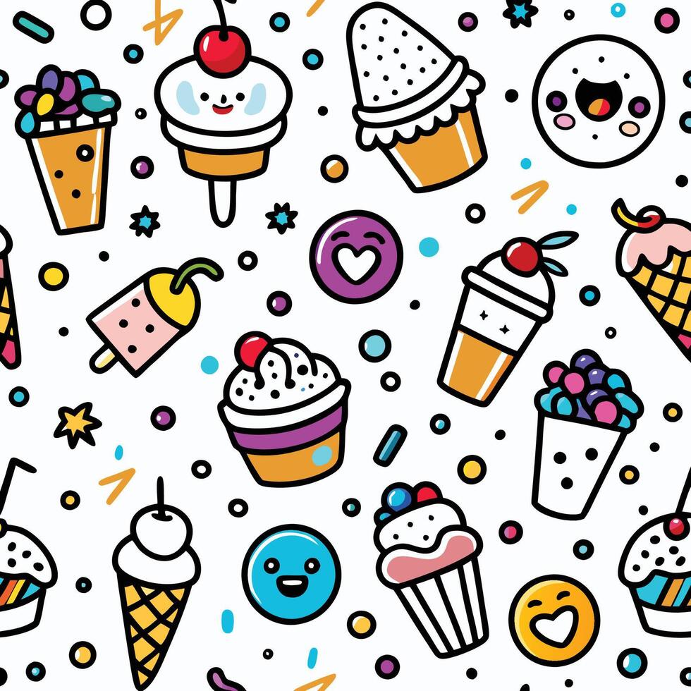 Seamless pattern with cute cartoon ice cream, cupcakes, and candy. vector