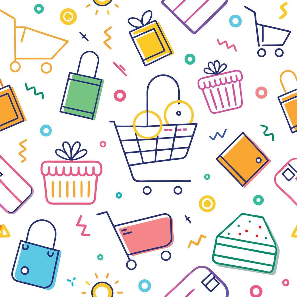 Colorful shopping pattern with gifts, bags, and food vector
