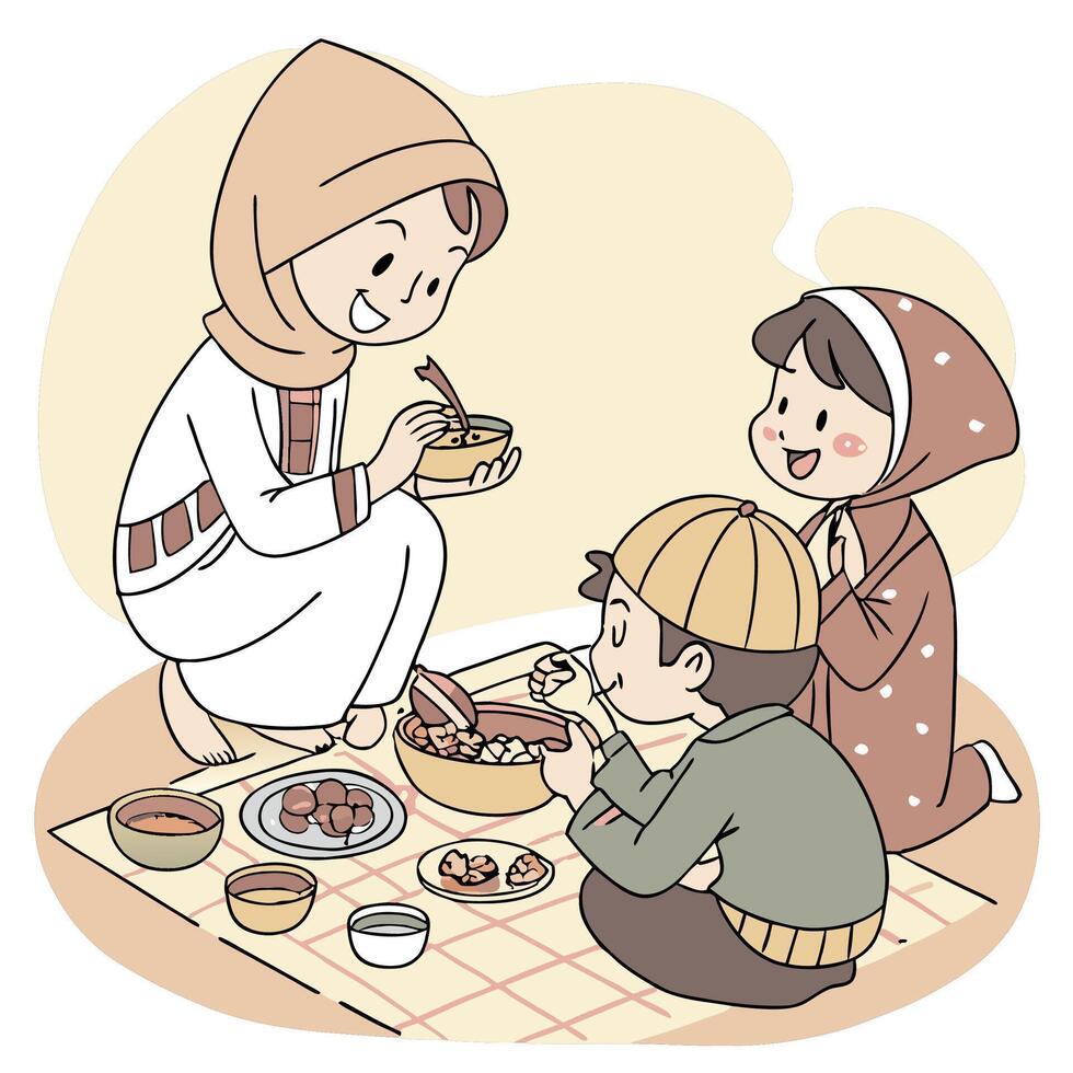 Family sharing a meal outdoors vector