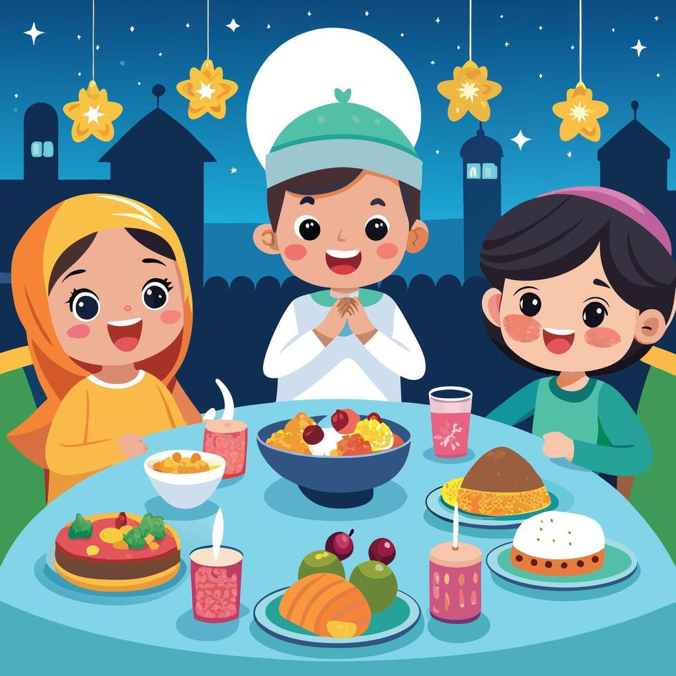 Children enjoying a meal at a table under the night sky vector